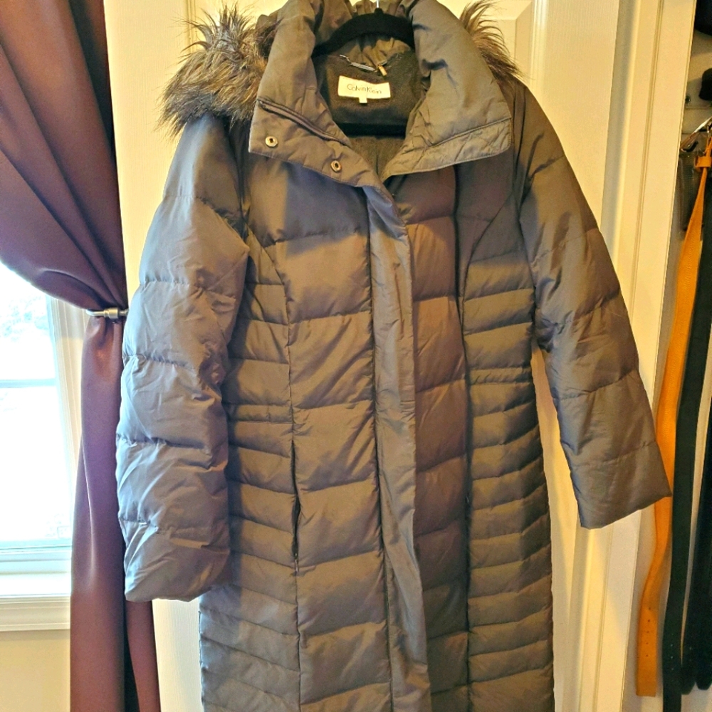 Calvin Klein long puffer coat with faux fur hood
